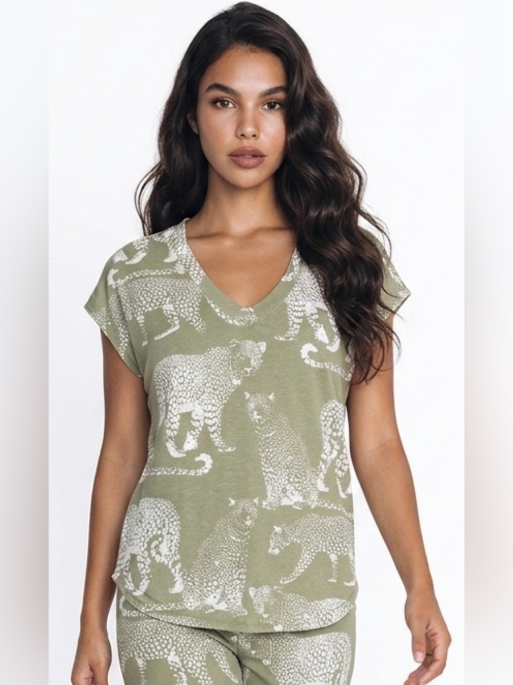 Jane and Delancey Olive Green Leopard-Print V-Neck Short Sleeve Top